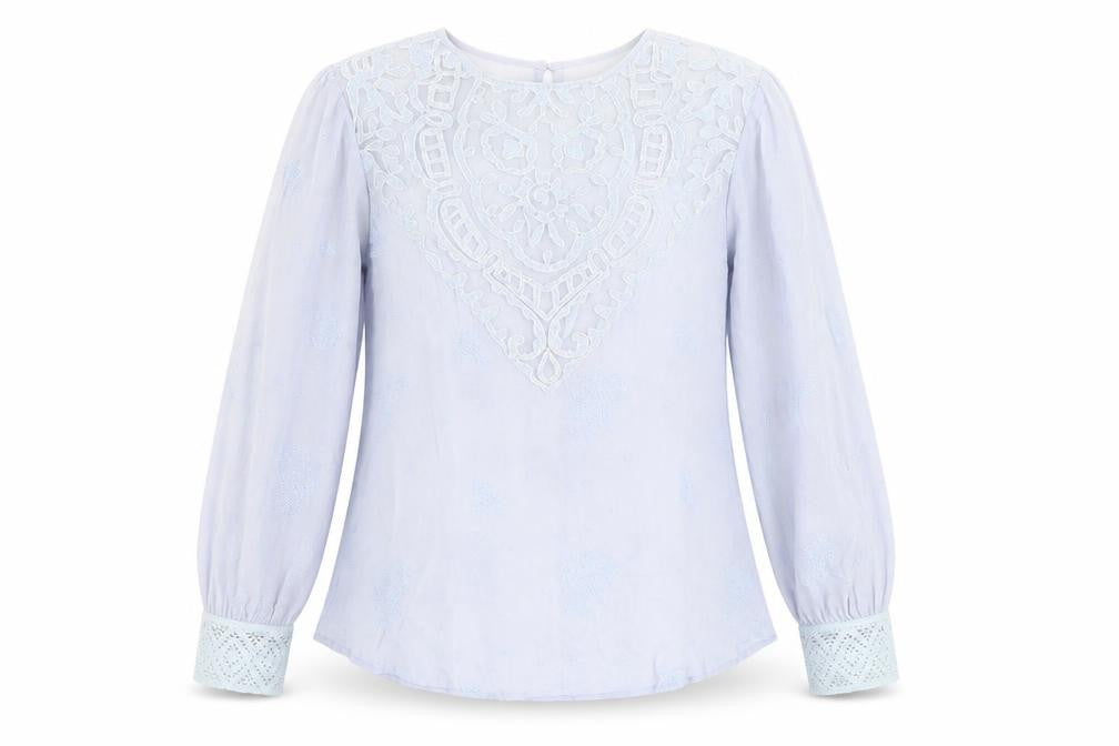 byTiMo Womens Blue Embroidered Tunic Blouse Lace Long Sleeve Size S