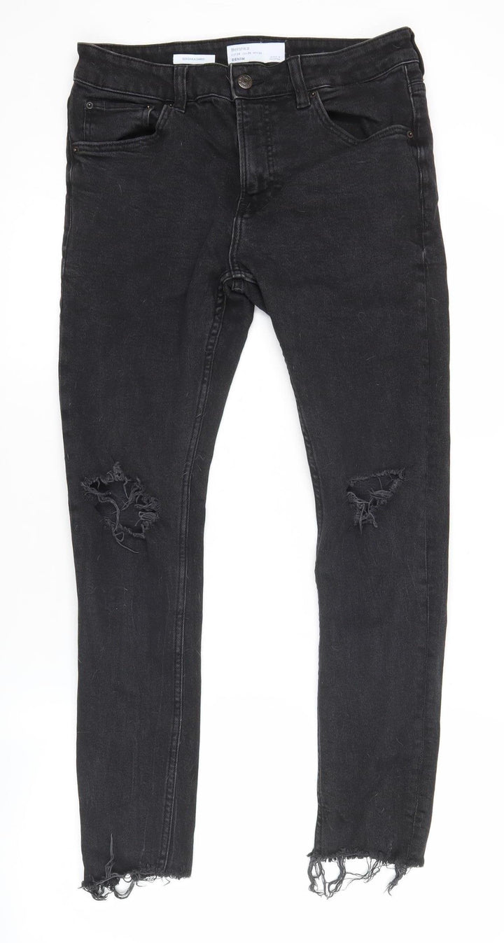Bershka Womens Black Skinny Distressed Jeans Size 10 Slim Fit Denim