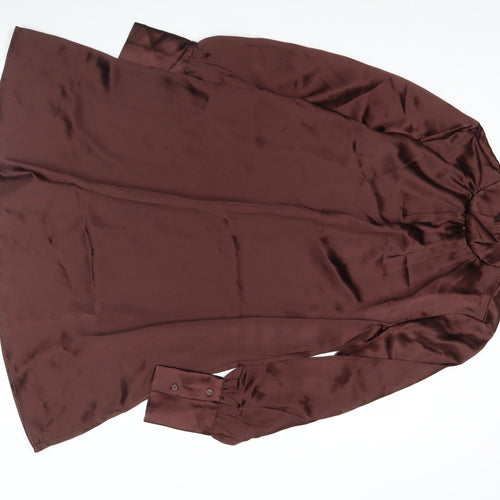 H&M Women Brown Satin Shift Dress Size 8 Long Sleeve High Neck