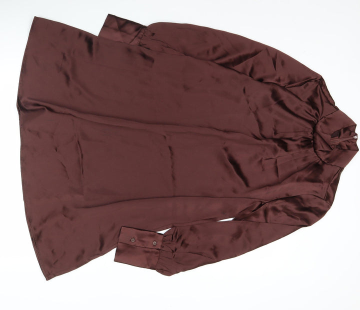 H&M Women Brown Satin Shift Dress Size 8 Long Sleeve High Neck