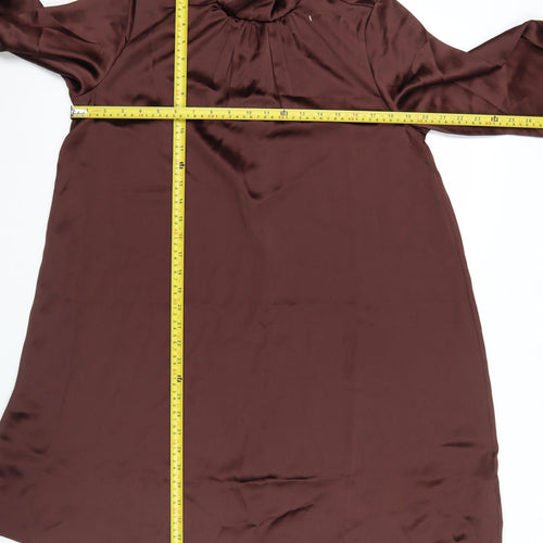 H&M Women Brown Satin Shift Dress Size 8 Long Sleeve High Neck