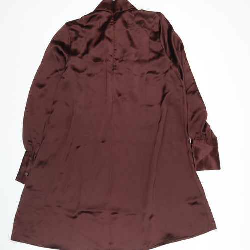 H&M Women Brown Satin Shift Dress Size 8 Long Sleeve High Neck