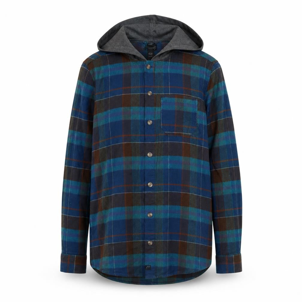 Front view of Art Class Teens Multicoloured Plaid Flannel Hooded Button-Up Shirt L