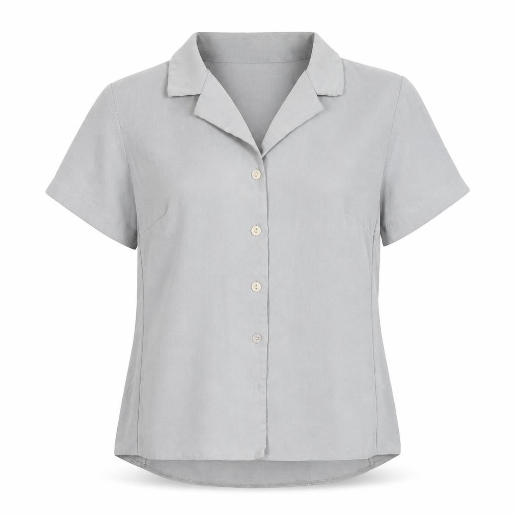 Front view of Berkertex Women’s Grey, size UK 10, Petite Button-Up Short Sleeve Blouse