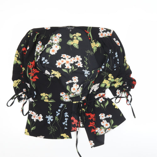 Topshop Womens Black Floral Wrap Blouse Size 10 V-Neck 3/4 Sleeve