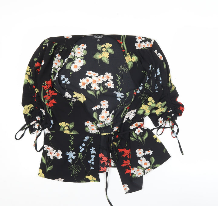 Topshop Womens Black Floral Wrap Blouse Size 10 V-Neck 3/4 Sleeve