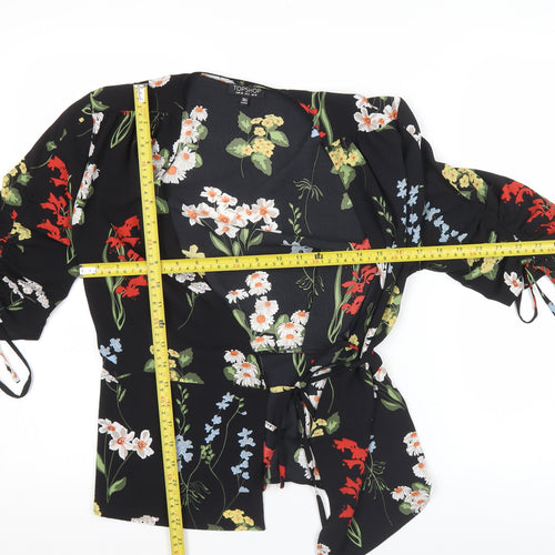 Topshop Womens Black Floral Wrap Blouse Size 10 V-Neck 3/4 Sleeve