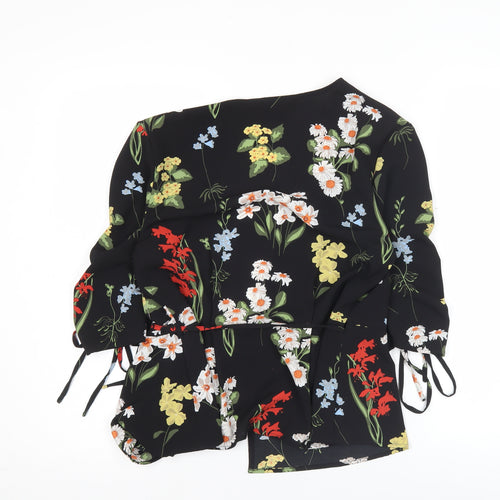 Topshop Womens Black Floral Wrap Blouse Size 10 V-Neck 3/4 Sleeve