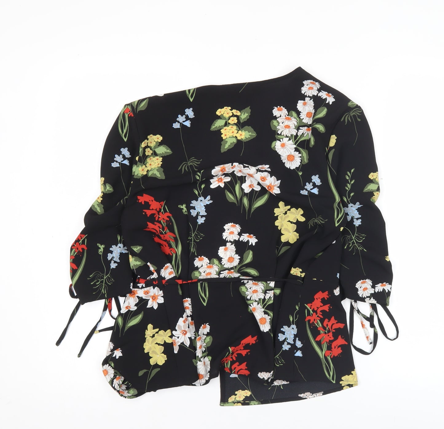 Topshop Womens Black Floral Wrap Blouse Size 10 V-Neck 3/4 Sleeve