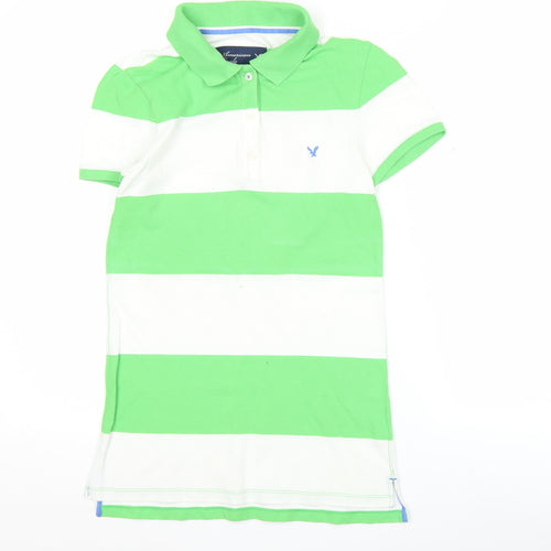 American Eagle Womens Green White Striped Polo Shirt Size M Casual