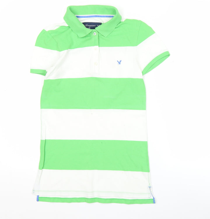 American Eagle Womens Green White Striped Polo Shirt Size M Casual
