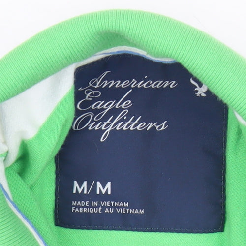 American Eagle Womens Green White Striped Polo Shirt Size M Casual