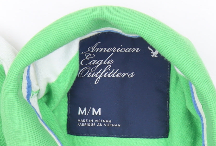 American Eagle Womens Green White Striped Polo Shirt Size M Casual