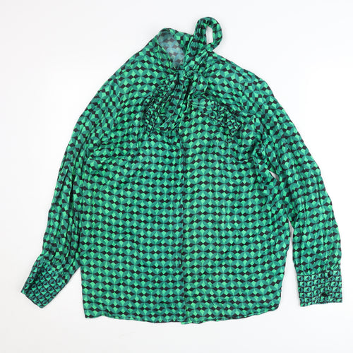 Dunnes Womens Green Geometric Bow Neck Long Sleeve Blouse M