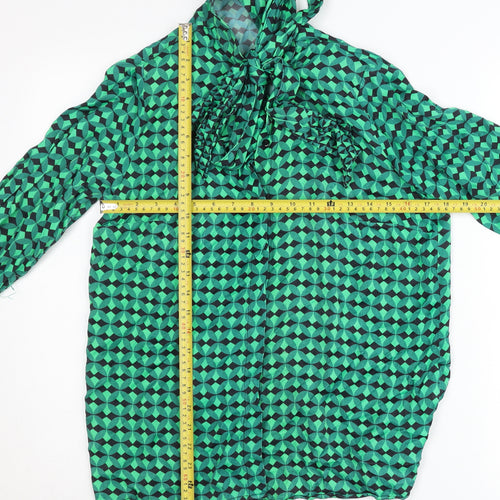 Dunnes Womens Green Geometric Bow Neck Long Sleeve Blouse M
