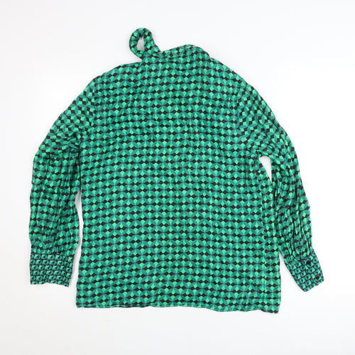 Dunnes Womens Green Geometric Bow Neck Long Sleeve Blouse M