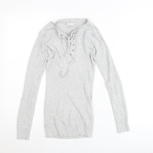 Jacqueline de Yong Womens Grey Long Sleeve Lace Up Tunic Top S