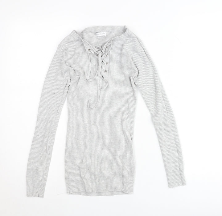 Jacqueline de Yong Womens Grey Long Sleeve Lace Up Tunic Top S