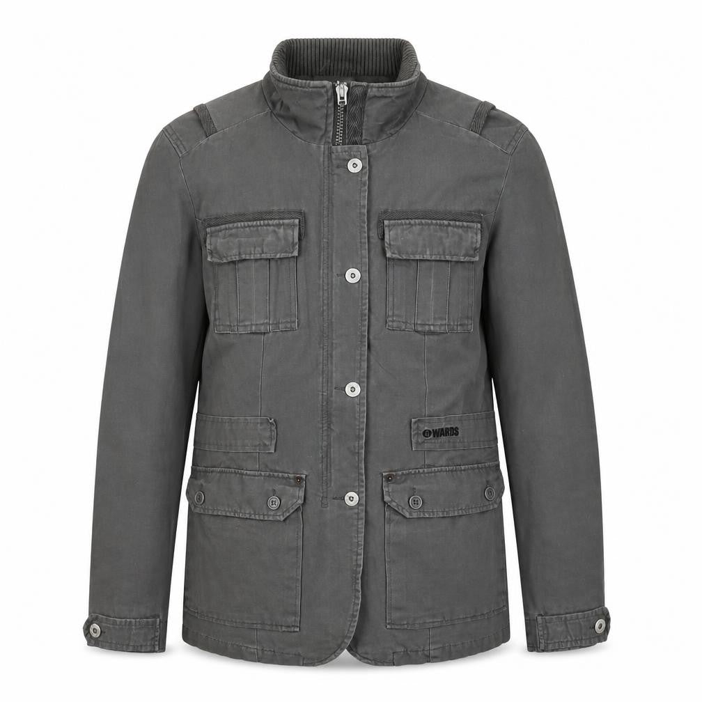 Front view of 4Wards Men's Grey Military Jacket, size 40, Regular Fit Cotton