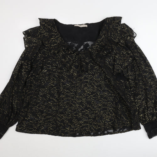 Rowen Avenue Womens Black Gold Ruffle Sheer Blouse Size M
