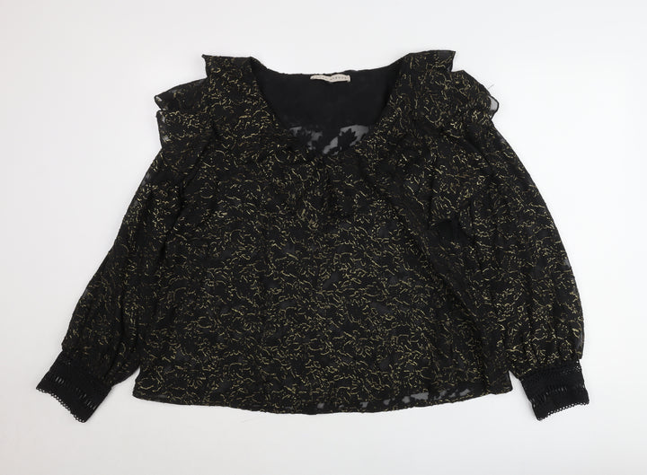 Rowen Avenue Womens Black Gold Ruffle Sheer Blouse Size M