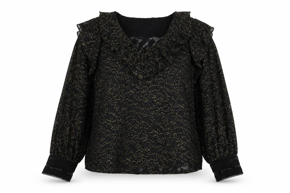 Front view of Rowen Avenue women’s black gold ruffle sheer blouse, size M