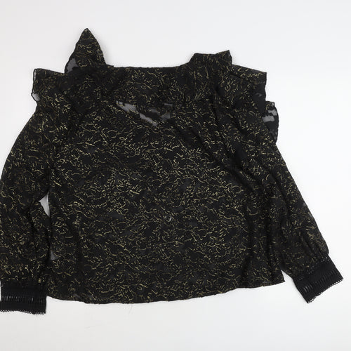 Rowen Avenue Womens Black Gold Ruffle Sheer Blouse Size M