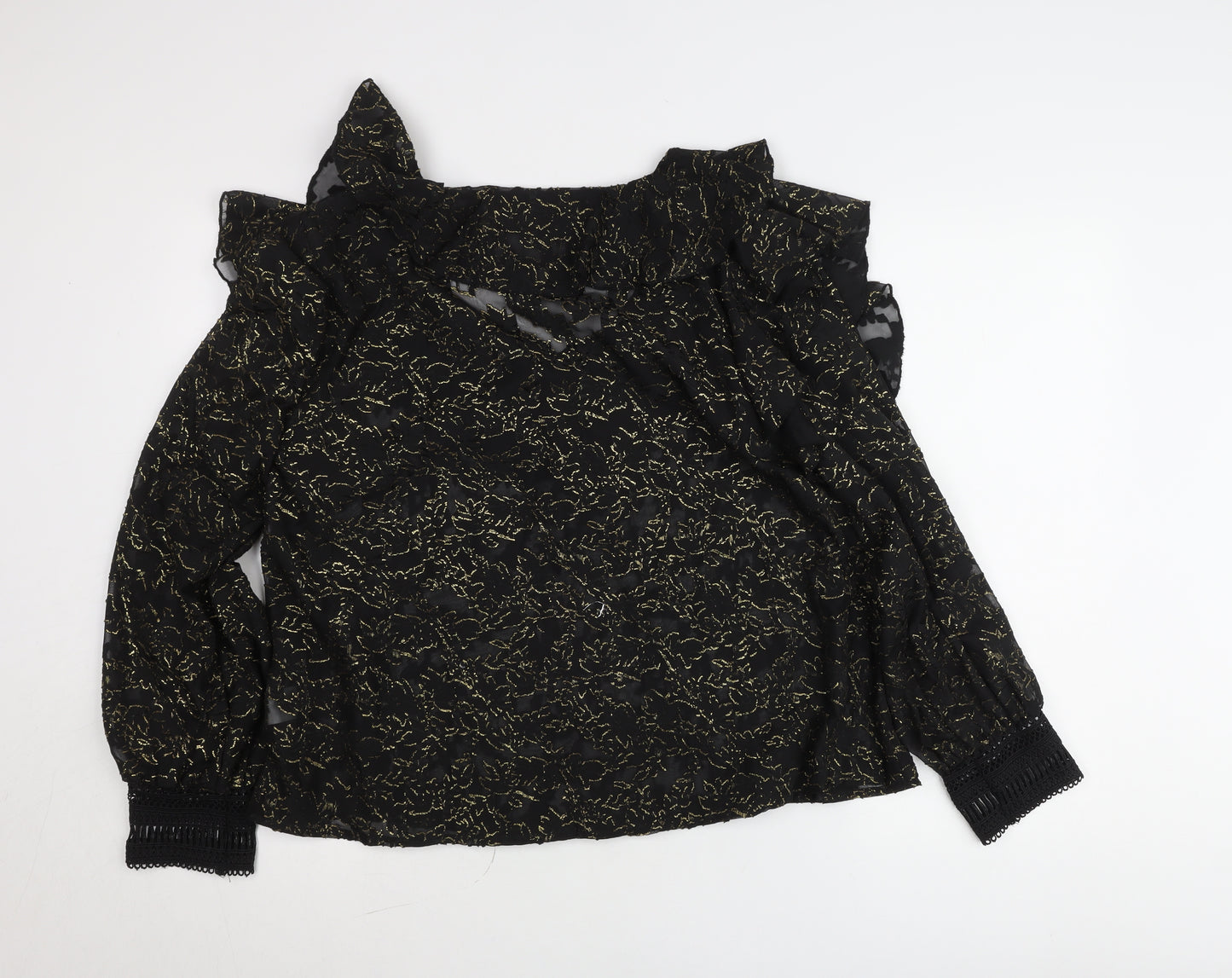 Rowen Avenue Womens Black Gold Ruffle Sheer Blouse Size M
