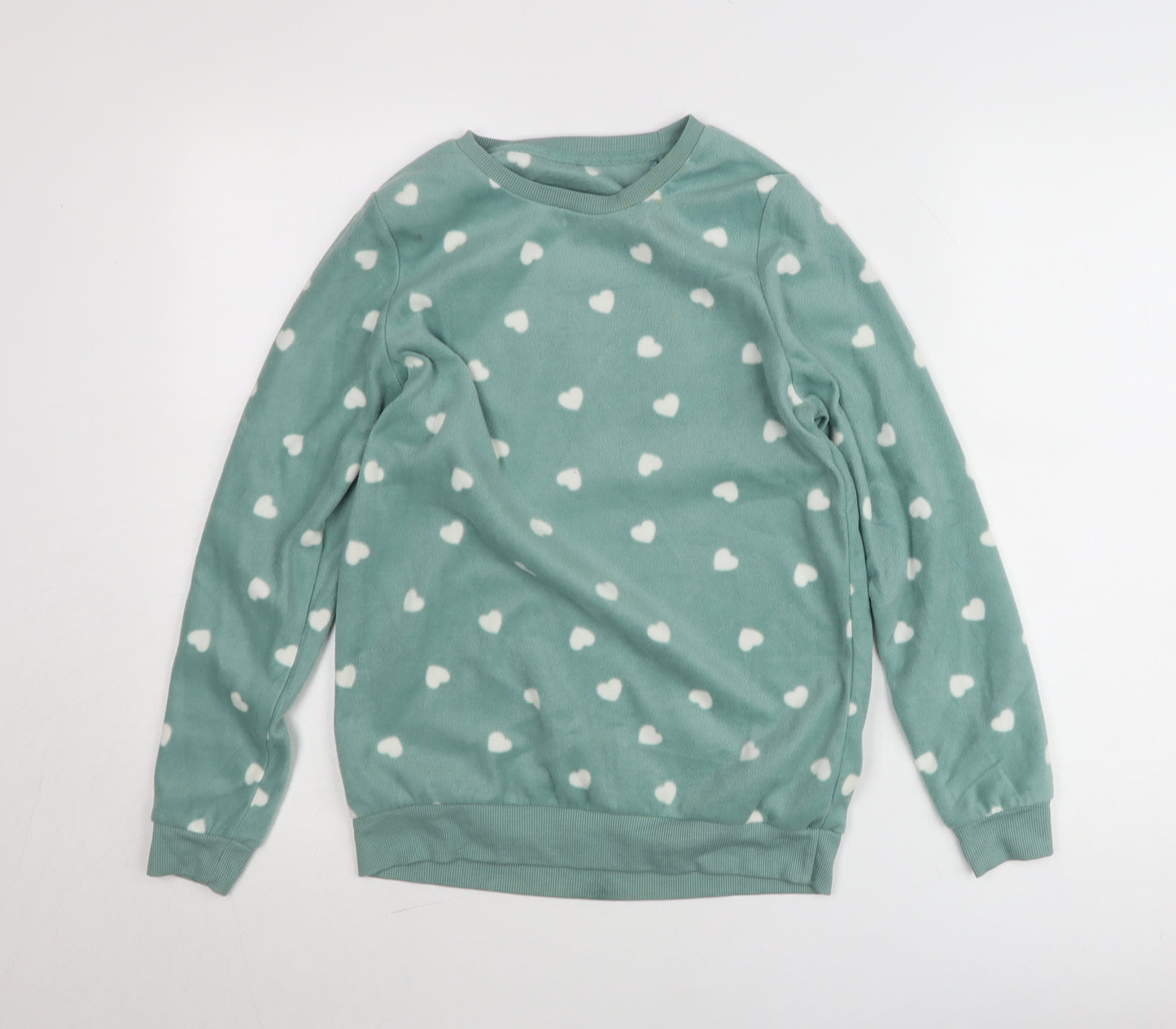 Dunnes Stores Womens Green XS Fleece Heart Print Pullover Jumper