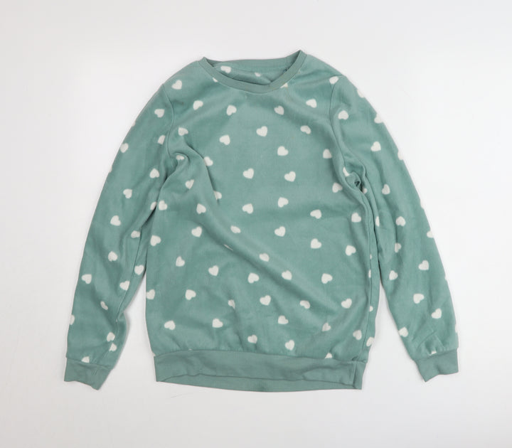 Dunnes Stores Womens Green XS Fleece Heart Print Pullover Jumper