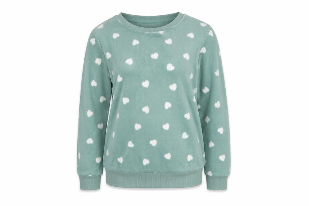 Front view of Dunnes women’s green xs fleece heart print jumper
