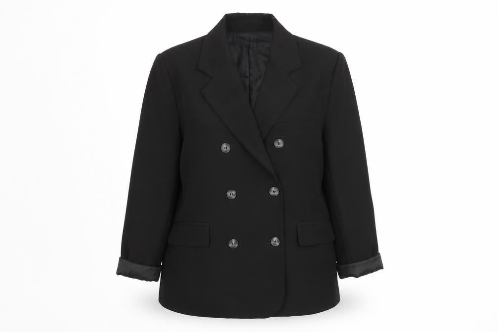 Front view of Boohoo Women’s Black, size UK 10, Double-Breasted Blazer Jacket