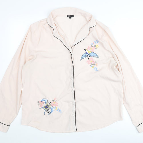 River Island Women Pink Button-Up Embroidered Shirt Blouse L