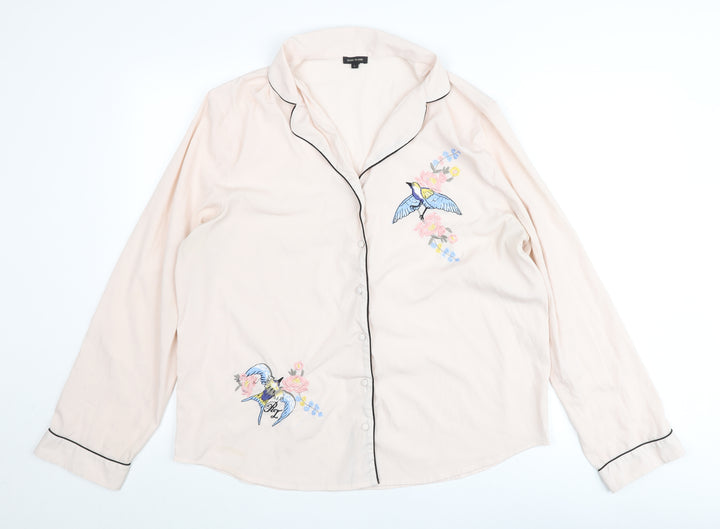 River Island Women Pink Button-Up Embroidered Shirt Blouse L