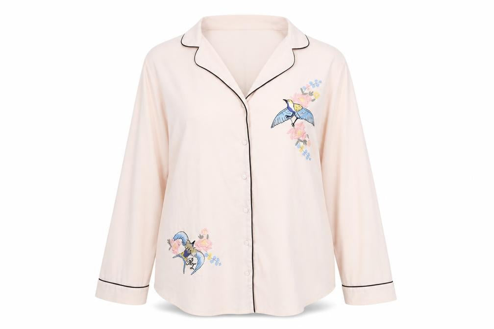 River Island Women Pink Button-Up Embroidered Shirt Blouse L