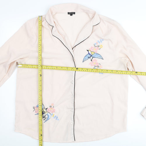 River Island Women Pink Button-Up Embroidered Shirt Blouse L