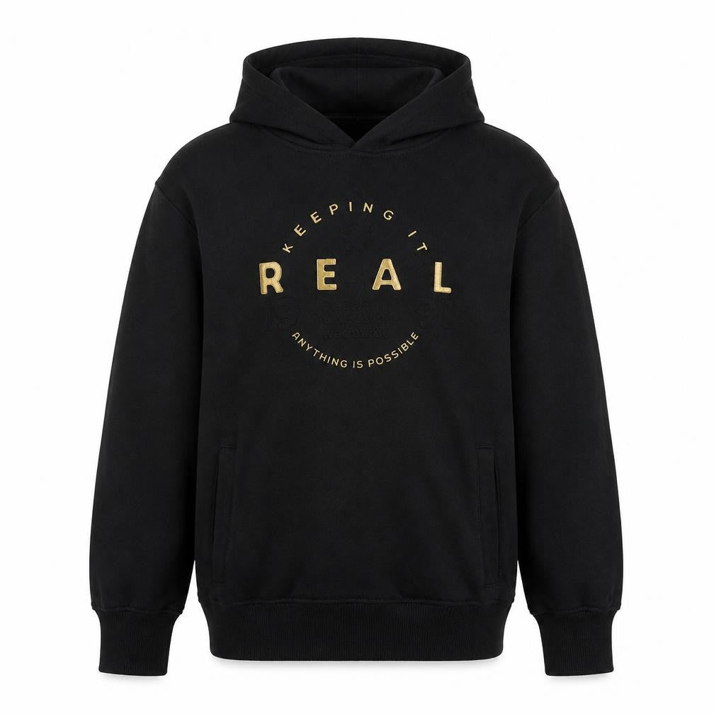 Front view of Next boys’ black hoodie 9 years pullover graphic logo sweatshirt