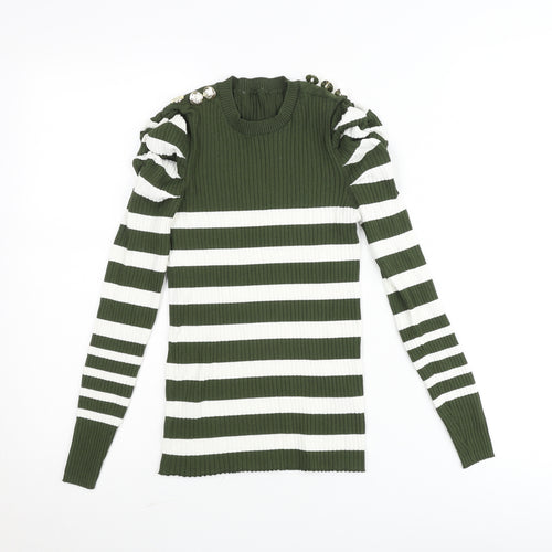 Savida Women’s Green White Striped Puff Sleeve Knit Top Size 10