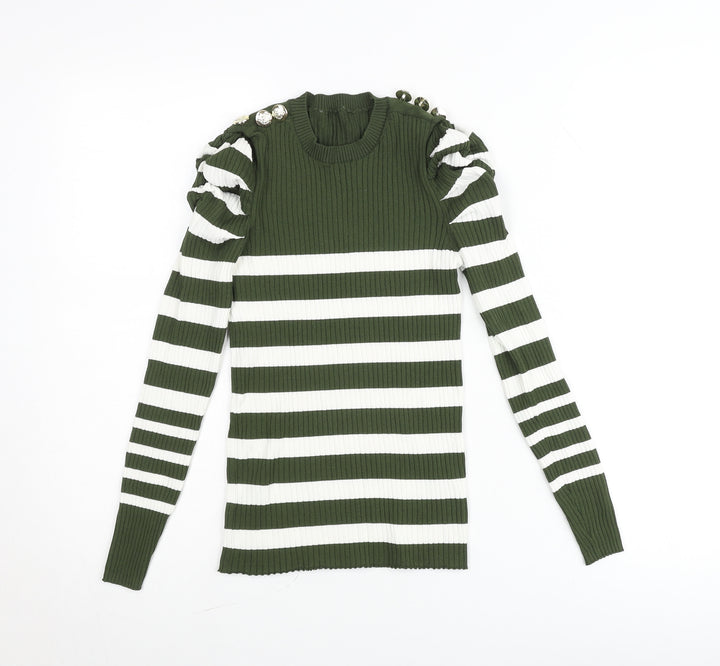 Savida Women’s Green White Striped Puff Sleeve Knit Top Size 10