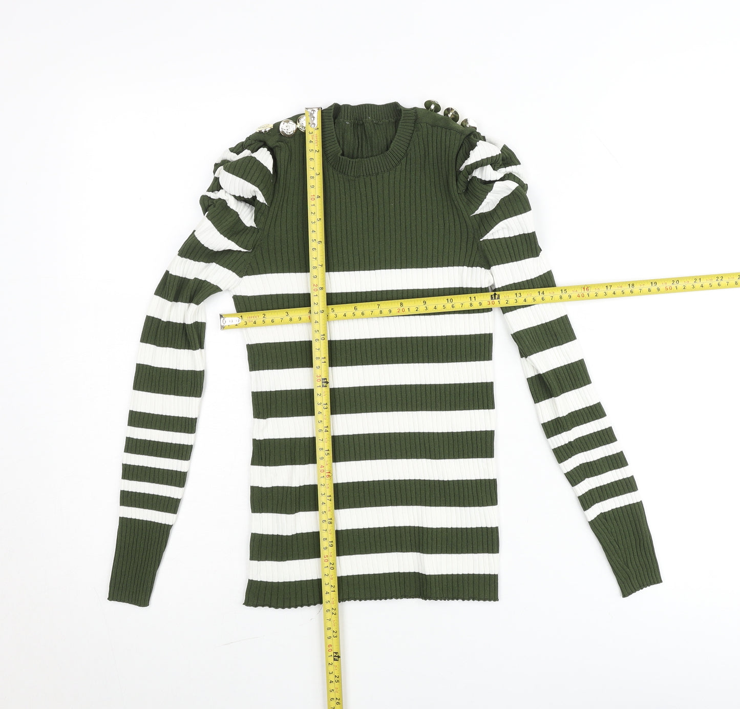 Savida Women’s Green White Striped Puff Sleeve Knit Top Size 10