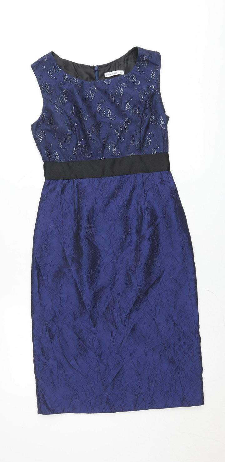 Gina Bacconi Women's Blue Sequin Floral Sheath Dress Size 10