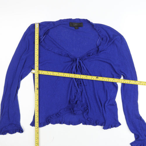 Zara Women’s Blue Ruffle Tie Cardigan M V-Neck Knit Top