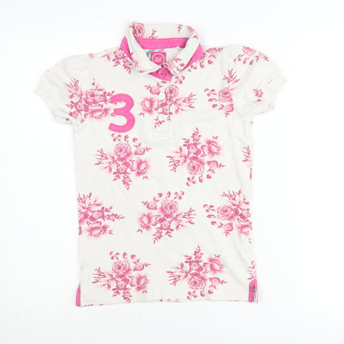 Joules Girls White Pink Floral Polo Shirt Age 3 Years Short Sleeve
