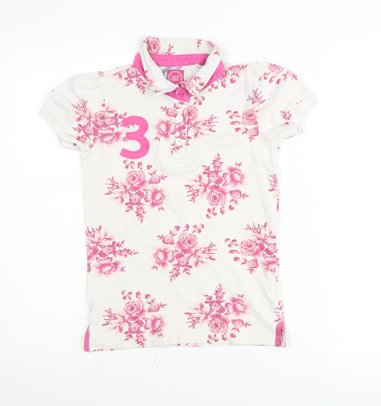 Joules Girls White Pink Floral Polo Shirt Age 3 Years Short Sleeve
