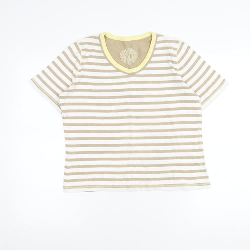 Viyella Women's Beige Striped Cotton T-Shirt M Short Sleeve V-Neck