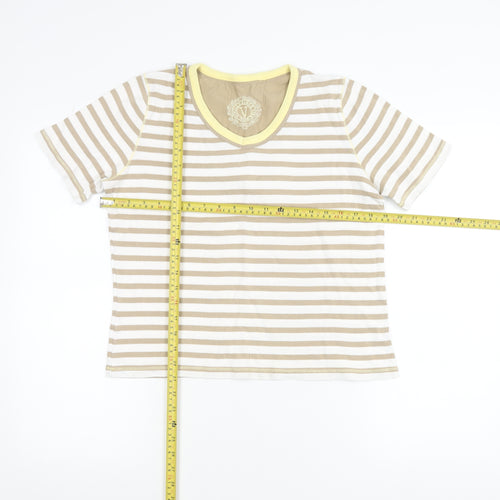 Viyella Women's Beige Striped Cotton T-Shirt M Short Sleeve V-Neck