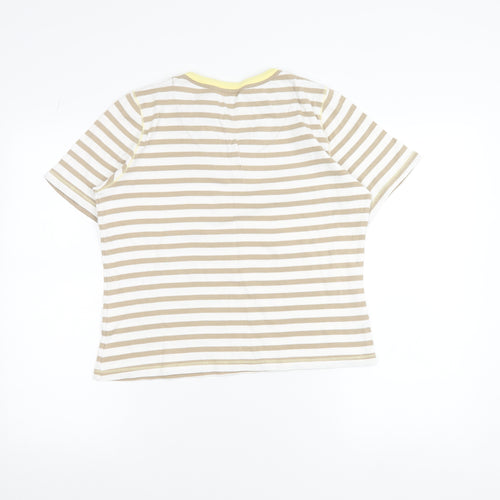 Viyella Women's Beige Striped Cotton T-Shirt M Short Sleeve V-Neck