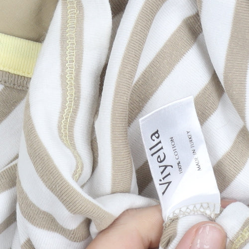 Viyella Women's Beige Striped Cotton T-Shirt M Short Sleeve V-Neck
