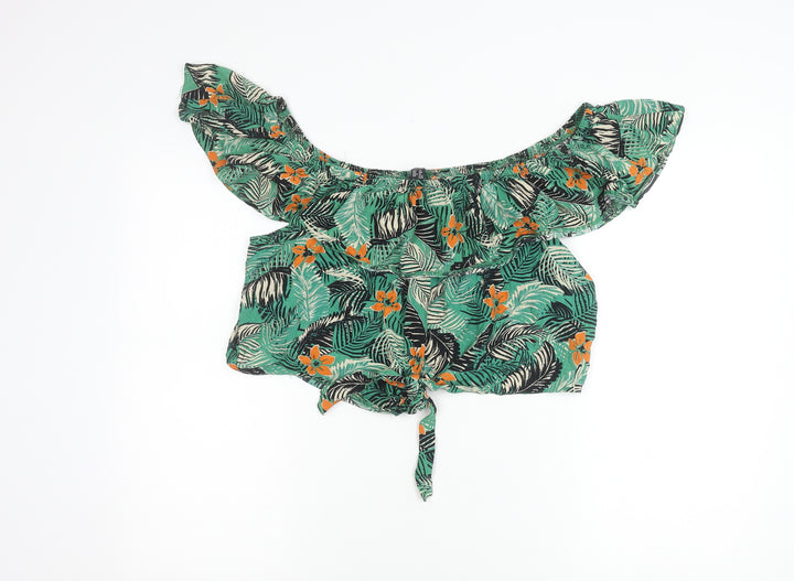 New Look Womens Green Tropical Floral Off Shoulder Cropped Blouse Size 16