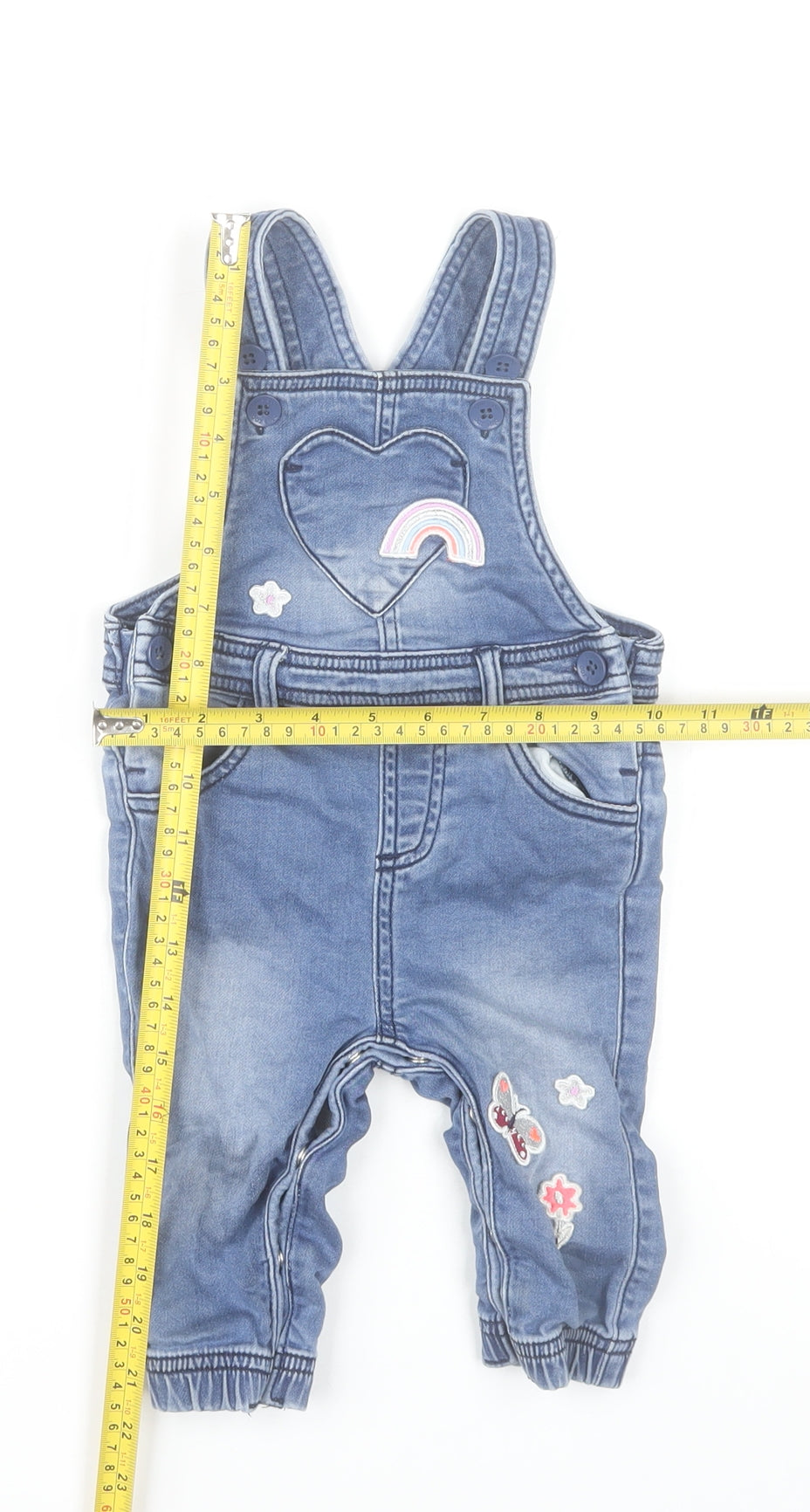 Bluezoo Girls Blue Denim Dungarees 6-9 Months Rainbow Butterfly Embroidery
